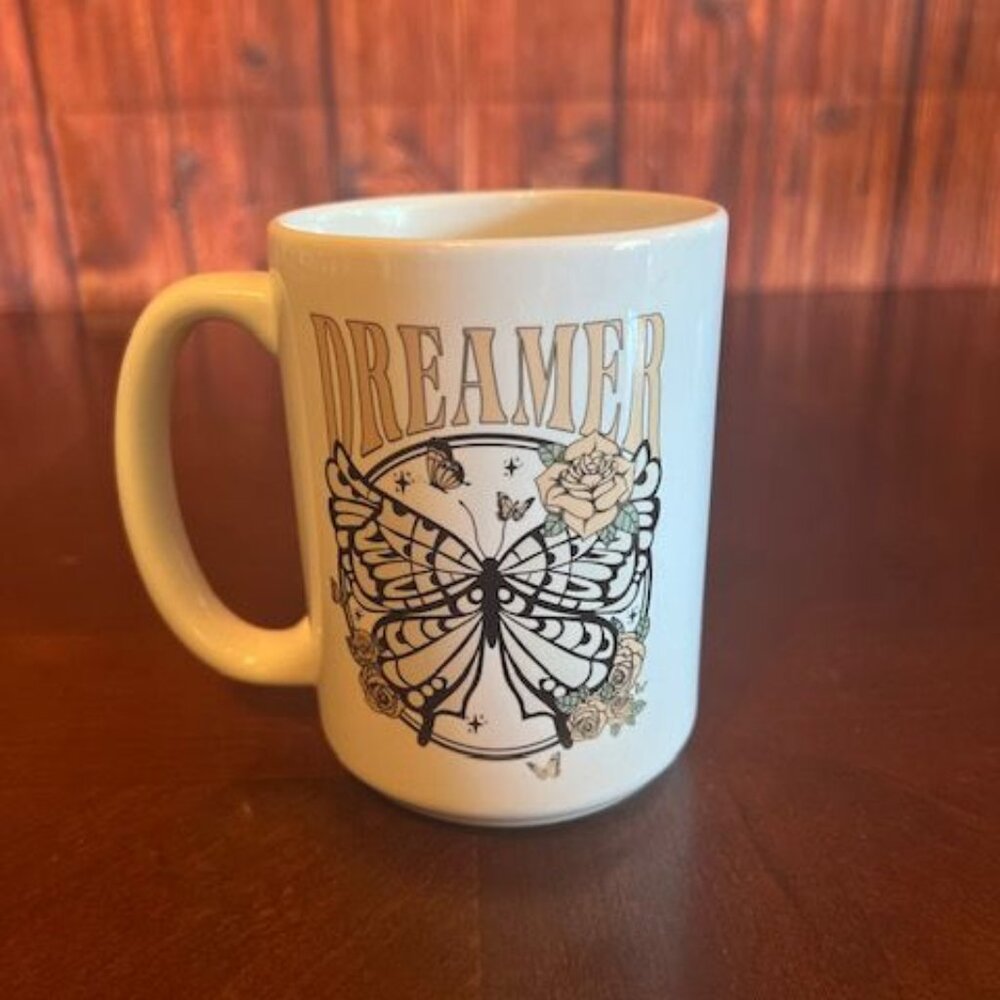 Dreamer white‎ Ceramic Coffee Mug Butterfly & Roses Design comfortable handle